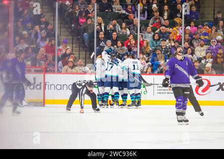 Minneapolis, Minnesota, États-Unis. 14 janvier 2024. Les joueurs de New York célèbrent un but de l'attaquant de New York ALEX CARPENTER (25) lors d'un match de PWHL entre le Minnesota et New York au Xcel Energy Center à St. Paul, MN le 14 janvier 2024. New York a gagné 3-2. (Image de crédit : © Steven Garcia/ZUMA Press Wire) USAGE ÉDITORIAL SEULEMENT! Non destiné à UN USAGE commercial ! Banque D'Images