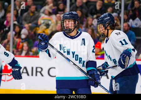 Minneapolis, Minnesota, États-Unis. 14 janvier 2024. L'attaquant de New York ALEX CARPENTER (25) regarde lors d'un match de PWHL entre le Minnesota et New York au Xcel Energy Center à St. Paul, MN le 14 janvier 2024. New York a gagné 3-2. (Image de crédit : © Steven Garcia/ZUMA Press Wire) USAGE ÉDITORIAL SEULEMENT! Non destiné à UN USAGE commercial ! Banque D'Images