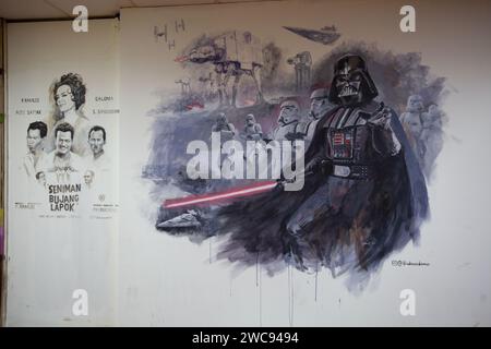 Mur murale Star Walls, avec Dark Vador et ses soldats Stormtroopers peints à l'intérieur du Peace Centre, un centre commercial bientôt démoli. Singapour. Banque D'Images