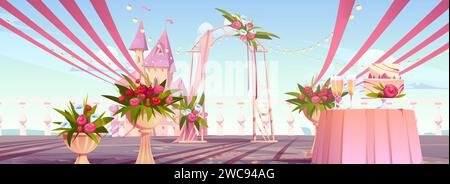 Cérémonie de mariage en plein air avec arc drapé de rubans et décoré de fleurs roses et bouquets sur le balcon ou la terrasse près du château royal. Événement de mariage de dessin animé et emplacement de banquet en plein air. Illustration de Vecteur