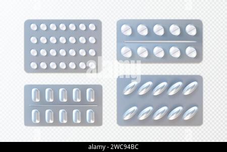 Pilules et gélules dans la maquette de blister en aluminium. Ensemble réaliste d'illustration vectorielle de médecine dans l'emballage en plastique sur fond transparent. Maquette de modèle de comprimé de médicament médical dans un récipient de boîte. Illustration de Vecteur