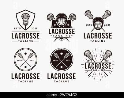 Ensemble de logo sport d'emblème de sceau vintage LaCrosse avec icône de vecteur d'équipement de LaCrosse croisée sur fond blanc Illustration de Vecteur