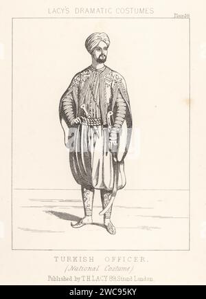 Uniforme d'un officier turc, 19e siècle. En turban, veste, pantalon salvar, pantoufles, avec poignard et cimitar. Costume national. Lithographie de Thomas Hailes Lacy's Male costumes, Historical, National and Dramatic in 200 plates, Londres, 1865. Lacy (1809-1873) était un acteur, dramaturge, directeur de théâtre et éditeur britannique. Banque D'Images