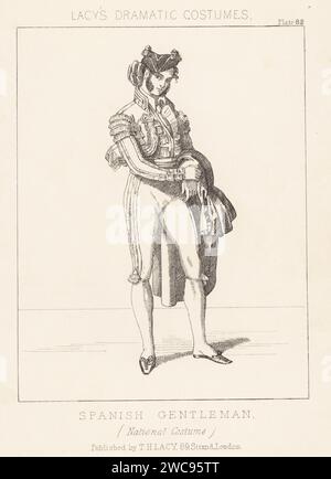 Torero espagnol ou matador, 19e siècle. Torero en casquette montera, capote de paseo (cap), traje de luces (costume de lumières), veste, bas, pantoufles, tenant la muleta (cape) Gentleman espagnol (sic), Costume national. Lithographie de Thomas Hailes Lacy's Male costumes, Historical, National and Dramatic in 200 plates, Londres, 1865. Lacy (1809-1873) était un acteur, dramaturge, directeur de théâtre et éditeur britannique. Banque D'Images