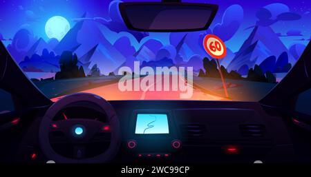 Vue de la voiture à travers le pare-brise sur la route avec un panneau allant à travers la prairie de hautes montagnes rocheuses la nuit sous la lumière de la lune. Paysage sombre de crépuscule avec hil Illustration de Vecteur