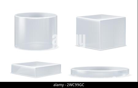 Podiums de produit de cube et de cylindre transparent en verre de différentes hauteurs. Ensemble vectoriel réaliste de plexiglas ou de supports ronds et rectangulaires en plastique fo Illustration de Vecteur