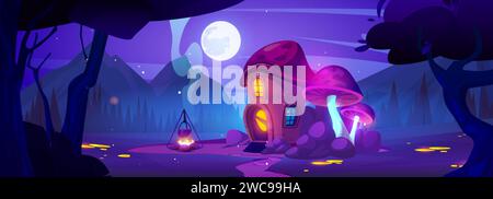 Minuscule maison magique de gnome de conte de fées faite de champignon avec petite porte et fenêtre sous la lumière de pleine lune la nuit. Bande dessinée petit elfe fantastique ou hutte naine Illustration de Vecteur