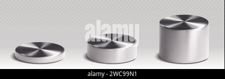 Cylindres 3D argentés isolés sur fond transparent. Illustration réaliste vectorielle de podiums en acier inoxydable, exposition de produits bas et haut Illustration de Vecteur