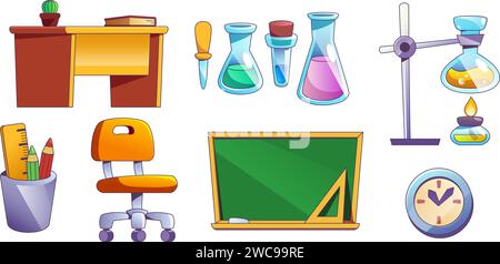 Mobilier et équipement d'intérieur de laboratoire scolaire. Ensemble de dessins animés d'éléments intérieurs de salle de classe de chimie. Table avec papeterie et chaise, tableau noir et gla Illustration de Vecteur