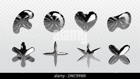 Ensemble d'éléments chromés y2k isolés sur fond transparent. Illustration réaliste vectorielle d'étoile en métal liquide, fleur, croix, coeur, icônes rondes, Illustration de Vecteur