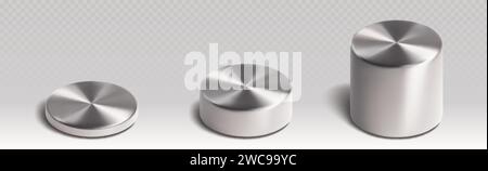 Podiums de produit de cylindre métallique argenté de différentes hauteurs. Ensemble réaliste d'illustration vectorielle 3D de supports ronds en métal gris pour l'affichage de marchandises. GE Illustration de Vecteur