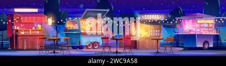 Stands de nourriture de rue et de boissons dans le parc de nuit. Illustration de dessin animé vectoriel de café et de cocktail, kiosque à hamburger, stand de cuisine asiatique dans la garde publique Illustration de Vecteur