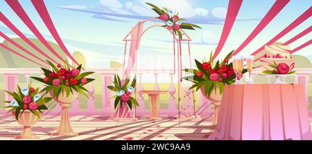 Cérémonie de mariage en plein air avec arc drapé et décoré avec des fleurs sur le patio dans le jardin. Illustration vectorielle de dessin animé de l'emplacement de l'événement de mariage Illustration de Vecteur
