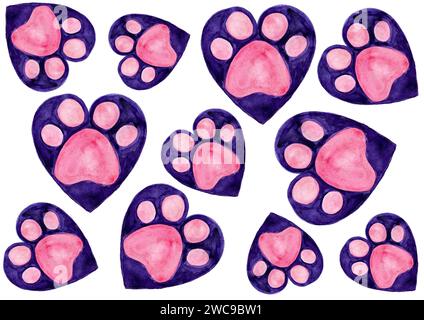 Pattes roses pour animaux de compagnie en coeurs violets. Différentes tailles. Situé chaotiquement sur un fond blanc. Peinture à l'aquarelle. Traces d'animaux. Décor mignon. Animaux acceptés. Banque D'Images