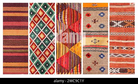 Ensemble de bannières verticales ou horizontales avec textures de tapis de laine berbère traditionnel avec motif géométrique, Maroc, Afrique Banque D'Images