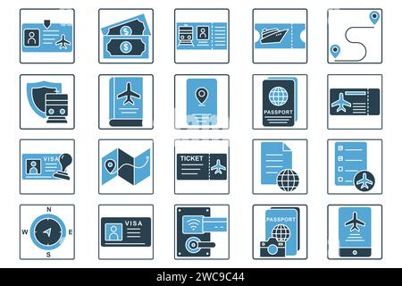 jeu d'icônes de document de voyage. passeport, carte d'embarquement, visa, carte routière, carte d'identité, etc. conception de style d'icône solide. conception vectorielle simple modifiable. elément illus Illustration de Vecteur