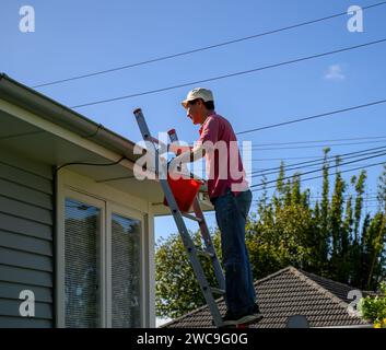 Homme debout sur l'échelle et nettoyant la gouttière. Travaux d'entretien de la maison. Auckland. Banque D'Images