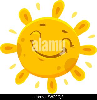 Personnage de soleil joyeux de dessin animé, personnage de vecteur de soleil heureux de jour d'été ensoleillé. Emoji de soleil jaune vif avec sourire mignon et yeux fermés. Lumière du soleil, lever du soleil, temps chaud ou émoticône de climat chaud Illustration de Vecteur