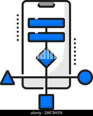 Optimisation de logiciel Web, planification de développement d'application de téléphone portable, icône de contour de codage d'application mobile. Icône de vecteur de ligne de programmation d'application Web ou de logiciel avec schéma de plan de processus de développement de projet Illustration de Vecteur