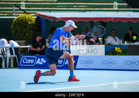 Melbourne, Australie. 12 janvier 2024. Polmans Marc, de l'Australie, joue contre Gasquet Richard, de la France, lors du match de clôture du tournoi de tennis Care Wellness Kooyong Classic au Kooyong Lawn tennis Club. Score final ; Polmans Marc 0:2 Gasquet Richard. Crédit : SOPA Images Limited/Alamy Live News Banque D'Images