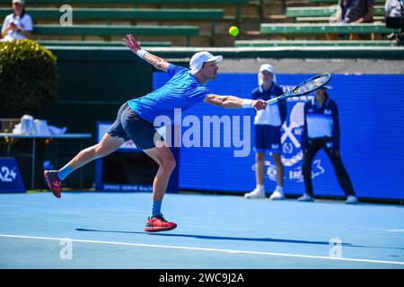 Melbourne, Australie. 12 janvier 2024. Polmans Marc, de l'Australie, joue contre Gasquet Richard, de la France, lors du match de clôture du tournoi de tennis Care Wellness Kooyong Classic au Kooyong Lawn tennis Club. Score final ; Polmans Marc 0:2 Gasquet Richard. Crédit : SOPA Images Limited/Alamy Live News Banque D'Images