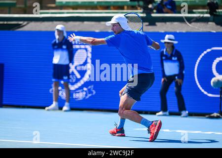 Melbourne, Australie. 12 janvier 2024. Polmans Marc, de l'Australie, joue contre Gasquet Richard, de la France, lors du match de clôture du tournoi de tennis Care Wellness Kooyong Classic au Kooyong Lawn tennis Club. Score final ; Polmans Marc 0:2 Gasquet Richard. Crédit : SOPA Images Limited/Alamy Live News Banque D'Images