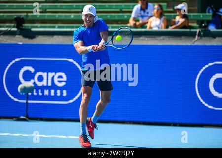 Melbourne, Australie. 12 janvier 2024. Polmans Marc, de l'Australie, joue contre Gasquet Richard, de la France, lors du match de clôture du tournoi de tennis Care Wellness Kooyong Classic au Kooyong Lawn tennis Club. Score final ; Polmans Marc 0:2 Gasquet Richard. Crédit : SOPA Images Limited/Alamy Live News Banque D'Images