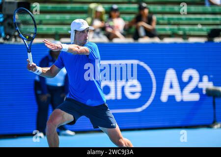 Melbourne, Australie. 12 janvier 2024. Polmans Marc, de l'Australie, joue contre Gasquet Richard, de la France, lors du match de clôture du tournoi de tennis Care Wellness Kooyong Classic au Kooyong Lawn tennis Club. Score final ; Polmans Marc 0:2 Gasquet Richard. Crédit : SOPA Images Limited/Alamy Live News Banque D'Images