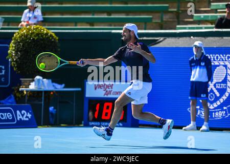 Melbourne, Australie. 12 janvier 2024. Gasquet Richard, de France, joue contre Polmans Marc, d'Australie, lors du match de clôture du tournoi de tennis Care Wellness Kooyong Classic au Kooyong Lawn tennis Club. Score final ; Polmans Marc 0:2 Gasquet Richard. (Photo Alexander Bogatyrev/SOPA Images/Sipa USA) crédit : SIPA USA/Alamy Live News Banque D'Images