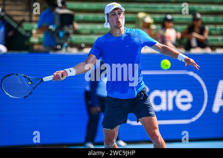 Polmans Marc, de l'Australie, joue contre Gasquet Richard, de la France, lors du match de clôture du tournoi de tennis Care Wellness Kooyong Classic au Kooyong Lawn tennis Club. Score final ; Polmans Marc 0:2 Gasquet Richard. (Photo Alexander Bogatyrev / SOPA Images/Sipa USA) Banque D'Images