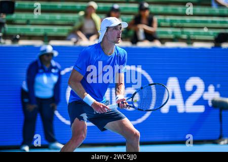 Polmans Marc, de l'Australie, joue contre Gasquet Richard, de la France, lors du match de clôture du tournoi de tennis Care Wellness Kooyong Classic au Kooyong Lawn tennis Club. Score final ; Polmans Marc 0:2 Gasquet Richard. (Photo Alexander Bogatyrev / SOPA Images/Sipa USA) Banque D'Images