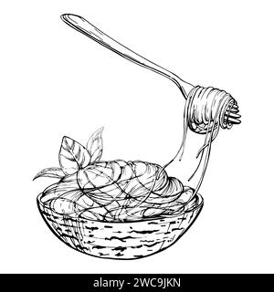 Illustration à l'encre vectorielle dessinée à la main. Pâtes plat italien spaghetti vermicelles nouilles sur la fourchette et dans un bol aux herbes de basilic. Composition isolée sur blanc Illustration de Vecteur