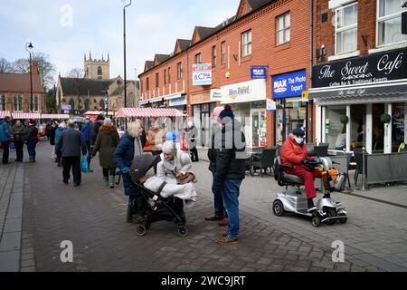 21 janvier 2022 : jour de marché à Hucknall, Nottinghamshire. La ville fait partie de la circonscription de Sherwood, un siège marginal actuellement occupé par les conservateurs. Banque D'Images