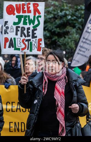 Londres, Royaume-Uni. 13 janvier 2024. Un manifestant pro-palestinien tient une pancarte indiquant « Queer Jews for a Free Palestine » lors d'une Journée mondiale d'action pour appeler à un cessez-le-feu immédiat à Gaza. La marche, de la ville de Londres à Westminster, était organisée par Palestine Solidarity Campaign, Stop the War Coalition, Friends of Al-Aqsa, Muslim Association of Britain, Palestinian Forum in Britain et CND. Crédit : Mark Kerrison/Alamy Live News Banque D'Images