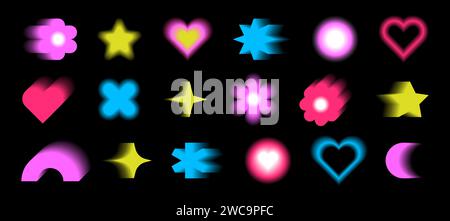 Y2K éléments dégradés flous. Fleurs, coeurs et formes géométriques tendance. Vector formes lumineuses sur un fond noir. Illustration de Vecteur