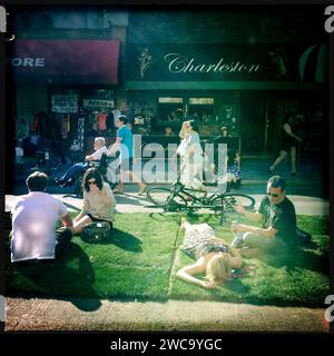 Herbe placée sur Bedford St. À Williamsburg Brooklyn NY les samedis d'été / personnes appréciant Banque D'Images