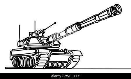 Char de combat pour enfants à dessin unique d'une ligne. Char vert, véhicules de combat blindés. Unité de transport militaire. Divertissement jouets pour enfants. Continu Illustration de Vecteur
