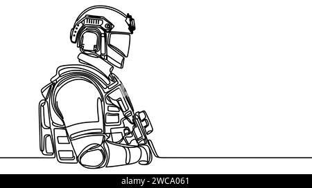 Bannière vectorielle minimaliste de la fête des vétérans, affiche, arrière-plan avec contour de soldat américain. Une ligne continue avec lettrage Happy Veterans Day Illustration de Vecteur