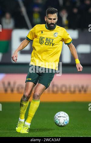 Sittard, pays-Bas. 13 janvier 2024. SITTARD, PAYS-BAS - 13 JANVIER : Dimitrios Siovas de Fortuna Sittard lors du match néerlandais d'Eredivisie entre Fortuna Sittard et Sparta Rotterdam au Fortuna Sittard Stadion le 13 janvier 2024 à Sittard, pays-Bas. (Photo Orange Pictures) crédit : Orange pics BV/Alamy Live News Banque D'Images