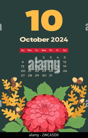 Modèle de calendrier floral octobre 2024. Avec des fleurs et des feuilles colorées vives. Modèle de page modifiable avec illustrations. Maillage vectoriel. La semaine commence le dimanche. Illustration de Vecteur