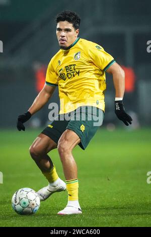 Sittard, pays-Bas. 13 janvier 2024. SITTARD, PAYS-BAS - 13 JANVIER : Mouhamed Belkheir de Fortuna Sittard lors du match néerlandais d'Eredivisie entre Fortuna Sittard et Sparta Rotterdam au Fortuna Sittard Stadion le 13 janvier 2024 à Sittard, pays-Bas. (Photo Orange Pictures) crédit : Orange pics BV/Alamy Live News Banque D'Images