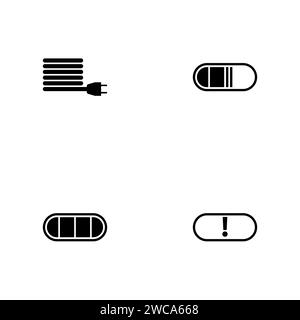 Batterie. Un ensemble de quatre icônes solides noires isolées sur un fond blanc. Illustration de Vecteur