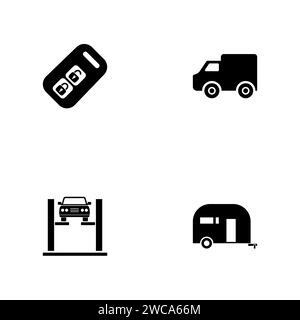 Auto. Un ensemble de quatre icônes solides noires isolées sur un fond blanc. Illustration de Vecteur