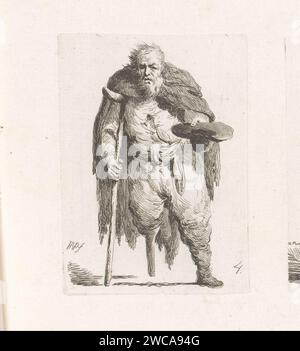 Mendiant avec une jambe en bois s'appuie sur un bâton, Michał Płoński, 1802 papier imprimé. La gravure de corde commence Banque D'Images