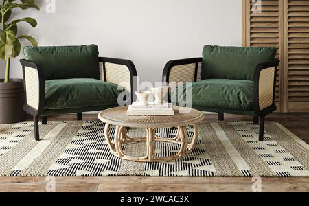 Salon Boho chic avec table basse en rotin et fauteuils verts moelleux sur un tapis géométrique Banque D'Images