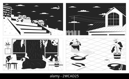 La vie nocturne confortable décrit des arrière-plans de dessin animé 2D. Illustration de Vecteur