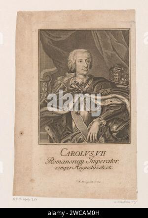 Portrait de Karel VII, Empereur Romano-allemand, Johann Martin Berbigeroth, 1742 gravure sur papier Leipzig personnages historiques. insignes et symboles de souveraineté (couronne, diadème, sceptre, orbe, sceau, standard, cape, pectoral). Ordre de chevalerie de la Toison d'or - insigne d'un ordre de chevalerie, par exemple : badge, chaîne (avec NOM de l'ordre) Banque D'Images