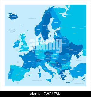 Carte politique de l'Europe avec les villes. Carte vectorielle de couleur bleue avec la capitale et d'autres points de ville, pays et étiquettes d'eau. Illustration de Vecteur