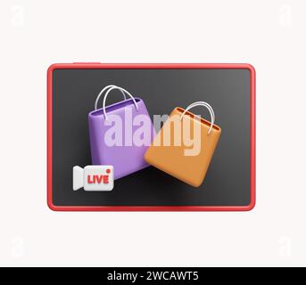 Concept en ligne 3d Shopping. Produit de vente en direct sur plate-forme. Streaming EN DIRECT pour vendre des produits sur les réseaux sociaux. icône isolée sur fond blanc Banque D'Images