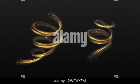 Tourbillons magiques de poudre dorée et étincelles ensemble d'illustrations vectorielles réalistes. Tourbillons oniriques d'éléments 3d scintillants sur fond transparent Illustration de Vecteur